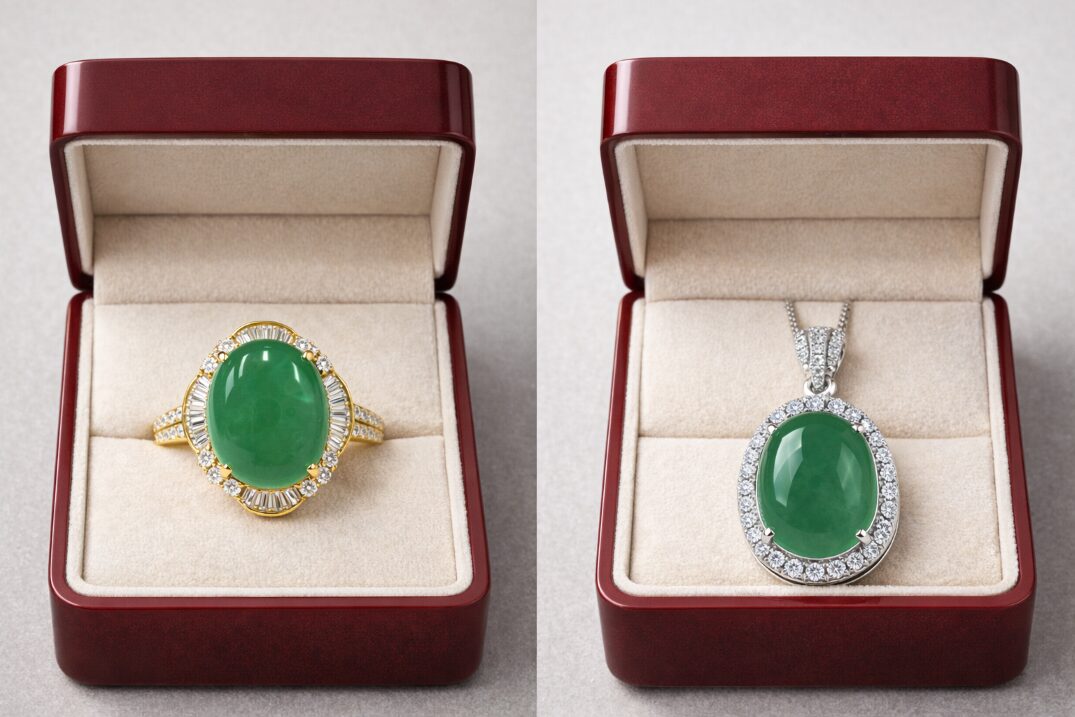 箱に入ったメレダイヤ付のB貨・C貨翡翠のアクセサリー