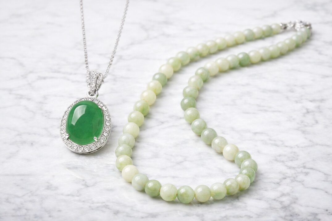 高品質なジェダイトのネックレスとネフライトの数珠ネックレスの画像