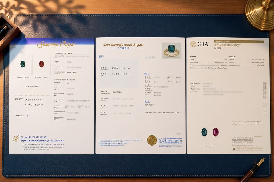 GIA・中央宝石研究所・AGL加盟ラボのアレキサンドライト鑑別書のイメージ画像