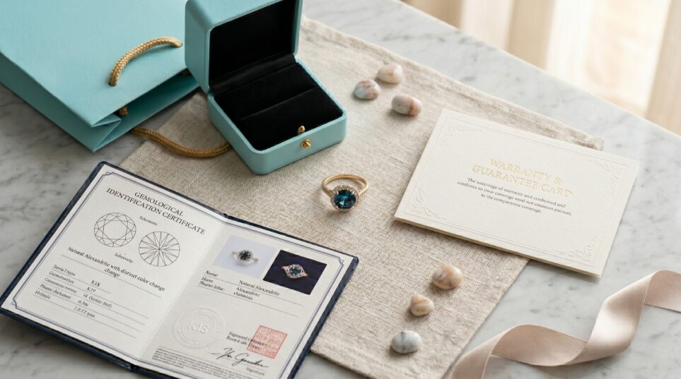 アレキサンドライトリングを中心に、ブランドボックス・ギャランティカード・鑑別書が配置されたフルセットの構図