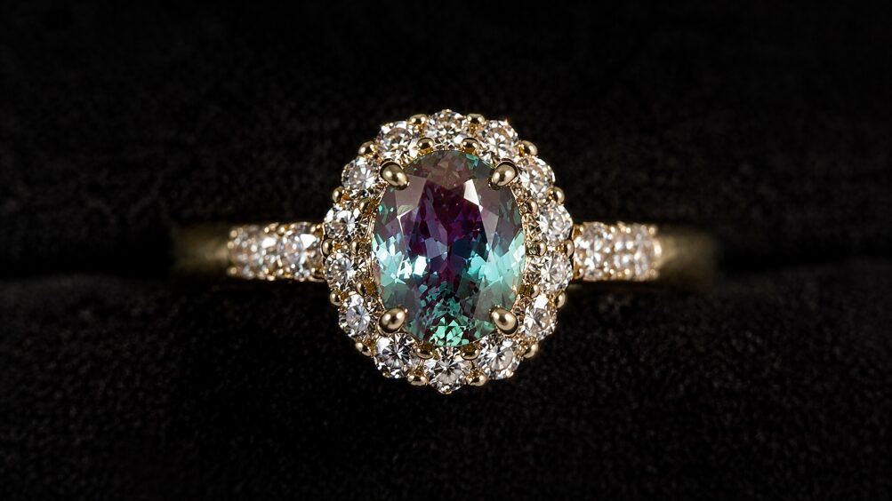 アレキサンドライトの主石を囲むメレダイヤのヘイローセッティングのマクロ撮影画像