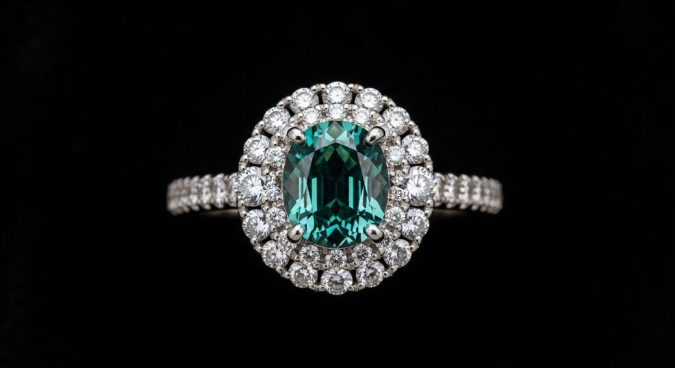 アレキサンドライトの主石を囲むメレダイヤ・エタニティリングのマクロ画像