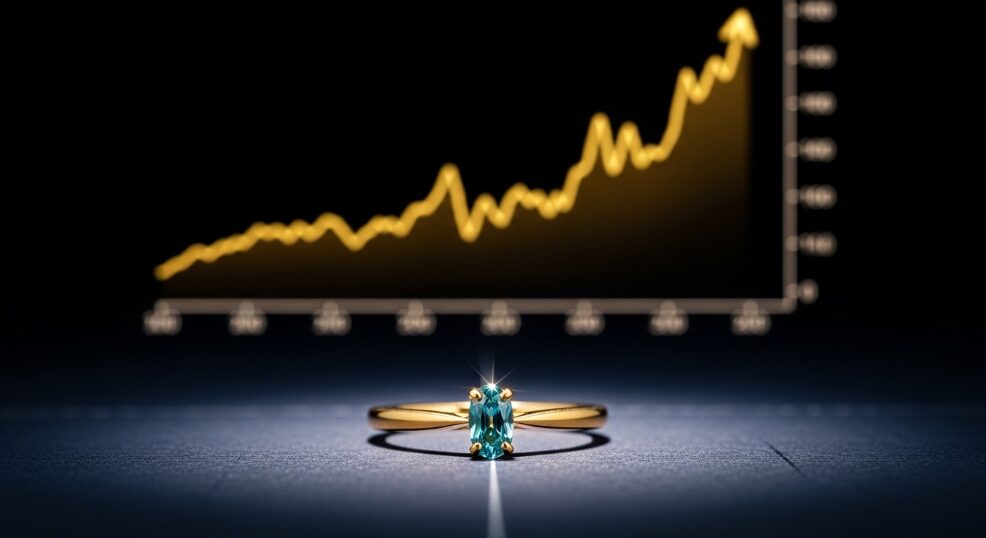 背景に右肩上がりの金相場チャートが浮かんだ、アレキサンドライトのリングの画像