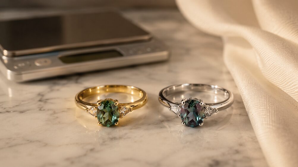 素材（K18・Pt900）の異なる台座にセットされているアレキサンドライトのリングの画像