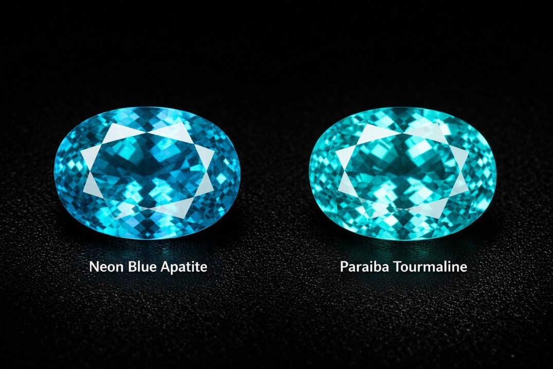 アパタイトとパライバトルマリンのルースを比較した画像