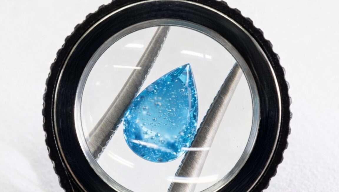 パライバトルマリンのガラス模造品をルーペで確認している画像