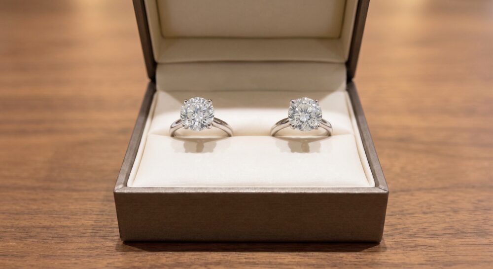 天然ダイヤモンドと合成ダイヤモンド（ラボグロウン）のリングが並んでいる画像