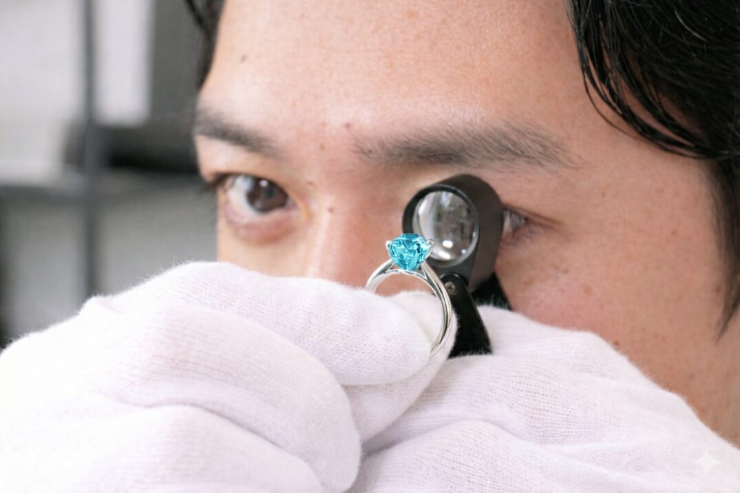 パライバトルマリンのリングを査定するおもいお鑑定士のイメージ画像