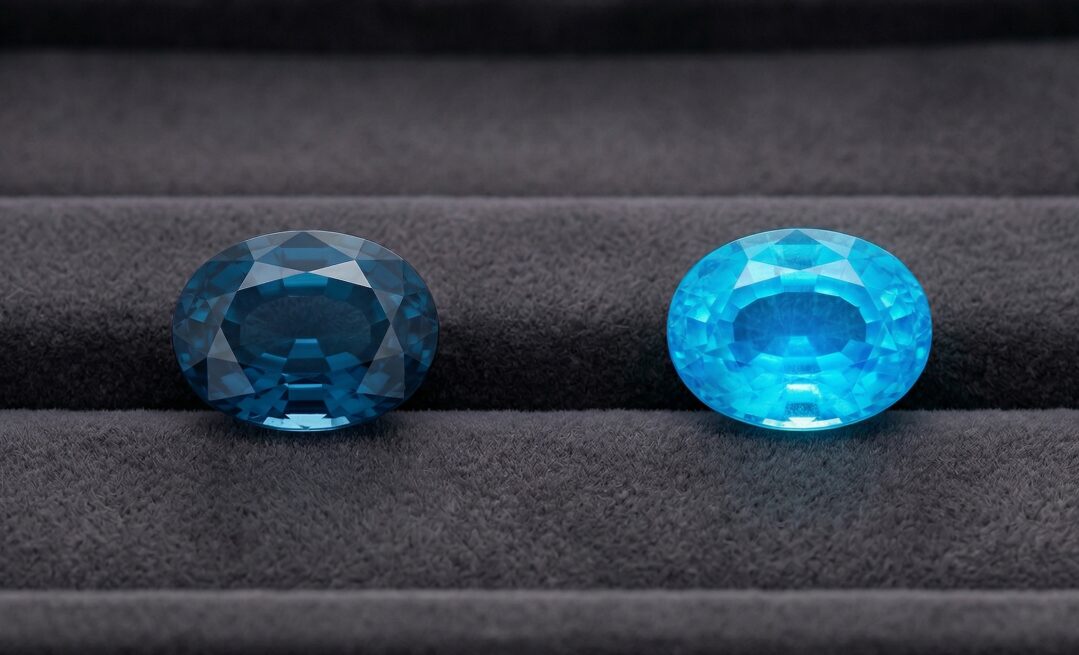 インディゴライトとパライバトルマリンのルースを並べた比較写真。左が落ち着いた青のインディゴライト、右がネオンブルーのパライバ