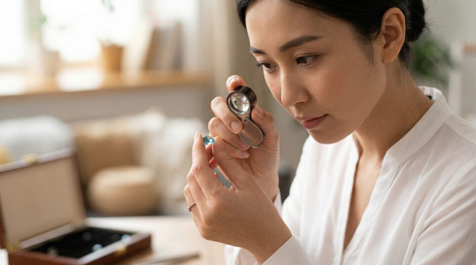 パライバトルマリンのルースを自宅でチェックしている女性の画像