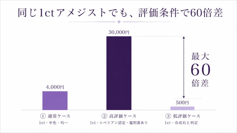 同じ1ctアメジストでも、通常・高評価・低評価の3条件で500〜30,000円、最大60倍差が出ることを示した棒グラフ比較画像。