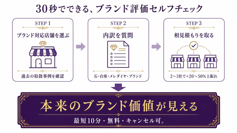 ブランドアメジスト査定の3ステップフローチャート(ブランド対応店舗の選別・内訳の個別表記確認・複数店舗相見積もり)。読者が30秒で次の行動が見える設計。