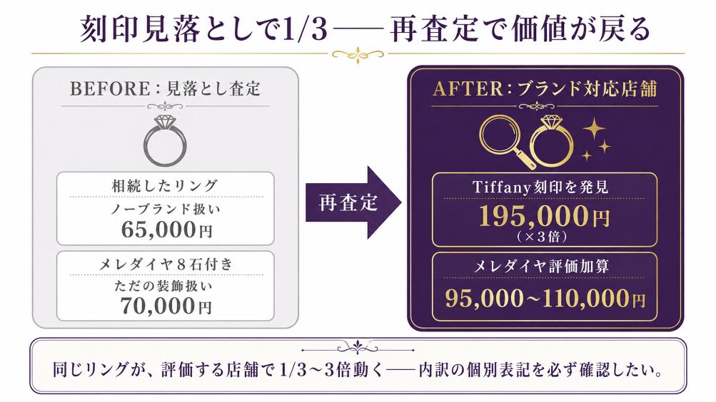 ブランド刻印・メレダイヤを見落とされた場合(65,000円・70,000円)と再査定で正当評価された場合(195,000円・95,000〜110,000円)の比較事例図。刻印見落としで本来の1/3以下になる損失構造を視覚化。