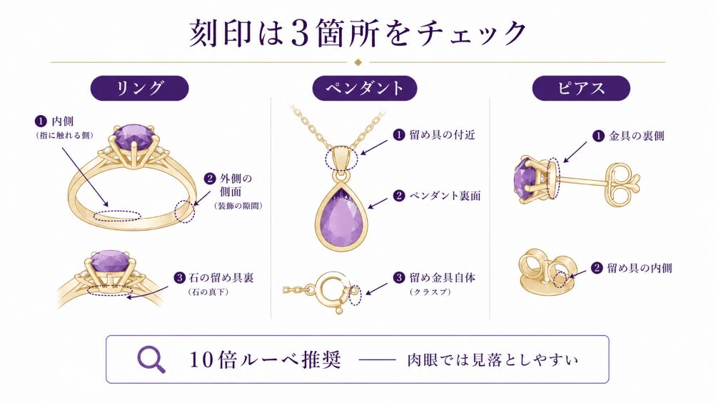 ブランドジュエリーの刻印が刻まれている代表的な位置(内側・裏側・留め具付近)を示す図解画像。リング・ペンダント・ピアス別の確認ポイントを視覚化。