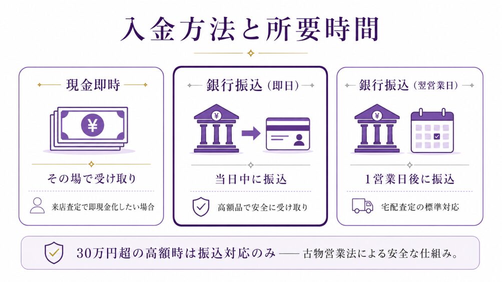 入金方法3種(現金即時・銀行振込即日・銀行振込翌営業日)の所要時間と適している場面を示す比較構造図。30万円超の高額時の振込対応も視覚化。