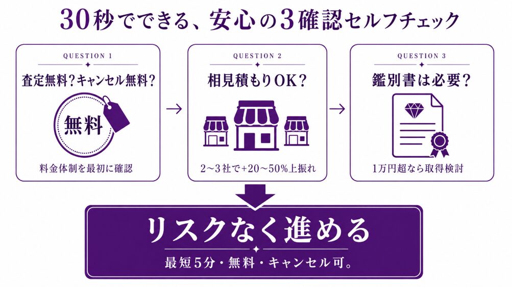 買取で安心して進めるための3確認事項(査定無料・キャンセル無料/複数店舗相見積もり/鑑別書取得)をフロー化したセルフチェック図。読者が30秒で次の行動が見える設計。