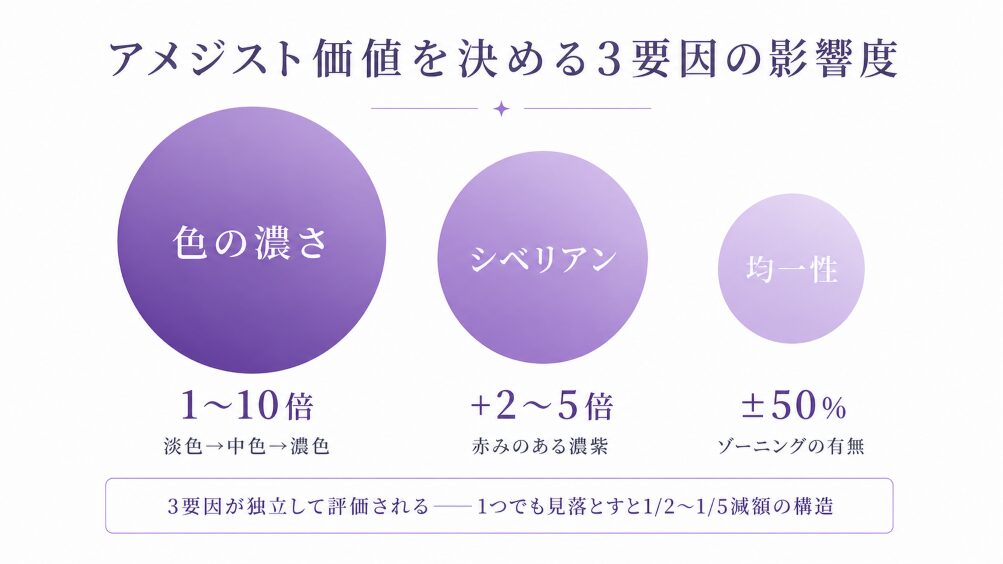 アメジスト買取価格を決める3要因（色の濃さ・均一性・シベリアン）の影響倍率を示す構造図。各要因の評価への影響度を視覚化。