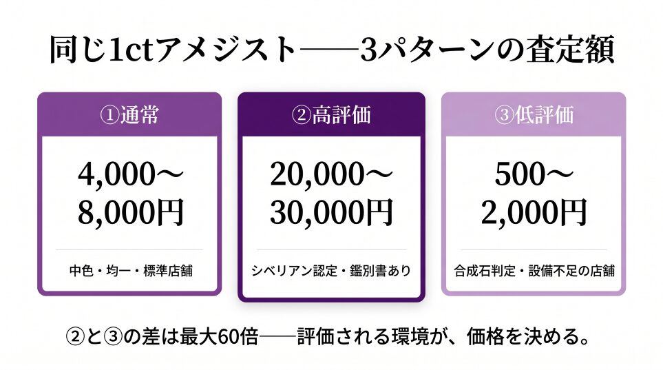 同じ1ctアメジストの3つの査定ケース（通常4,000〜8,000円・高評価20,000〜30,000円・低評価500〜2,000円）を視覚化したシミュレーション図。評価環境次第で最大60倍差が生まれる構造を提示。