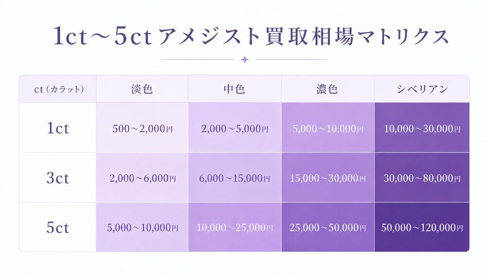 1ctから5ctまでのアメジスト買取相場をカラット×色グレードで一覧表示した相場マトリクス。500円から120,000円までのレンジを可視化。