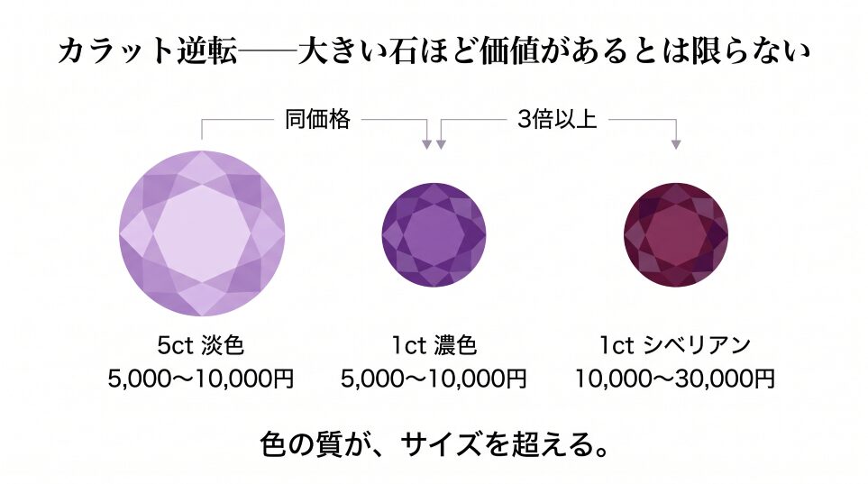 5ct淡色・1ct濃色・1ctシベリアンの3石を並べ価格比較したカラット逆転構造図。サイズが大きくても色が淡ければ価値が伸びず、小さくてもシベリアンなら最高評価となる構造を視覚化。