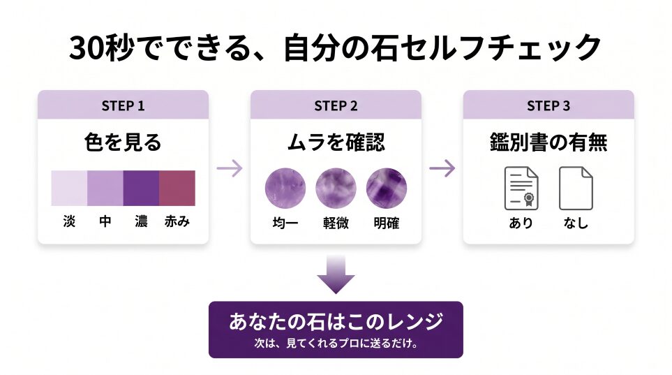 アメジストのセルフチェック3ステップ図解（色・ムラ・鑑別書を確認しレンジを判定）。読者が30秒で自分の石の評価レンジを把握できるフローチャート。