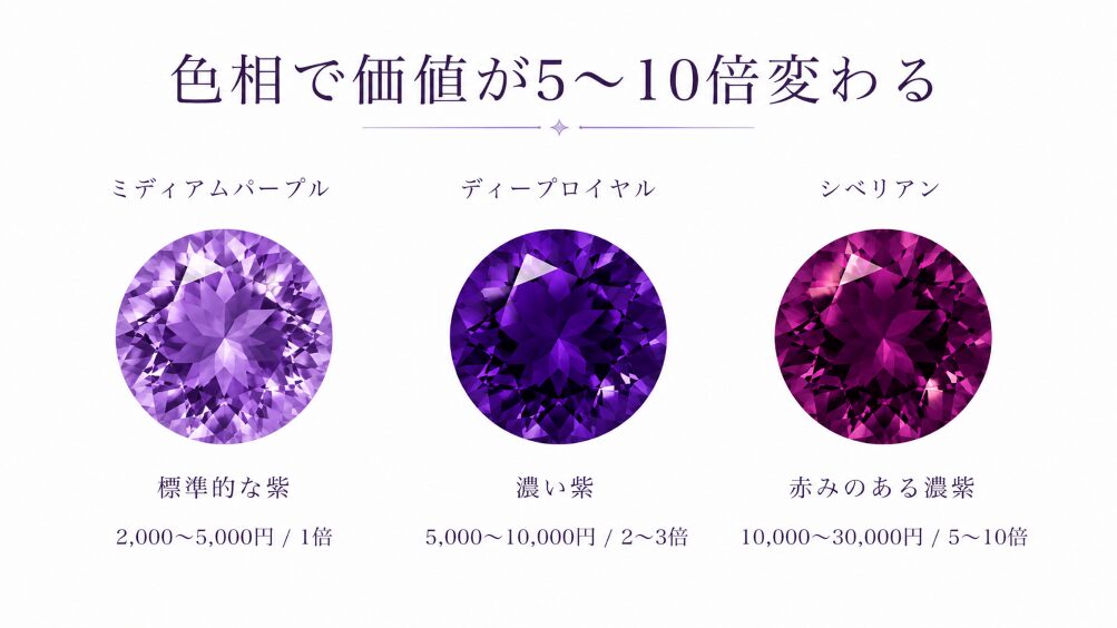 ミディアムパープル・ディープロイヤル・シベリアンの3グレードを色相で並列比較し、色相で5〜10倍の評価差が出ることを示した画像。