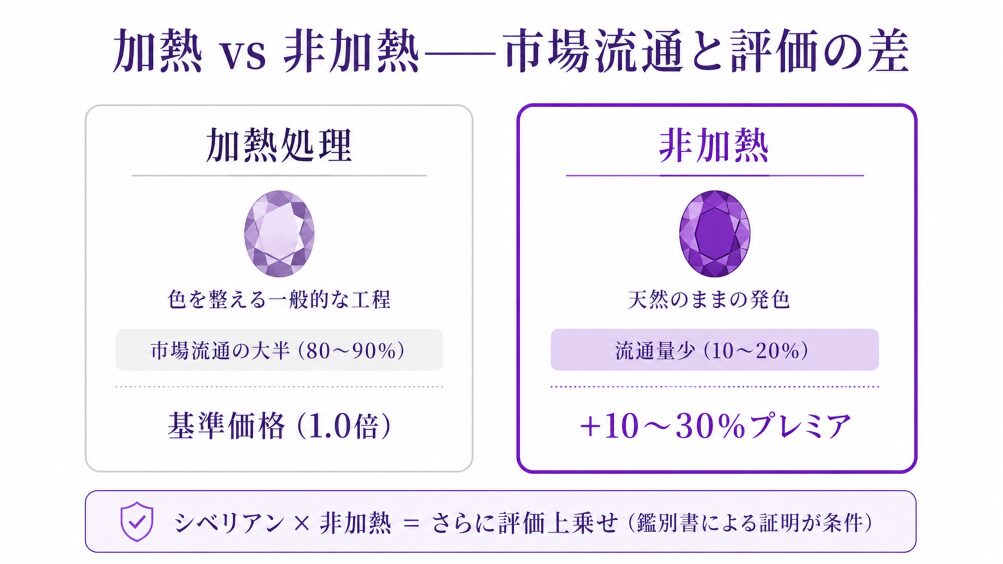 加熱処理アメジスト(市場流通の大半)と非加熱アメジスト(流通量少・プレミア)の比較構造図。鑑別書による証明とシベリアン×非加熱の上乗せ構造を視覚化。