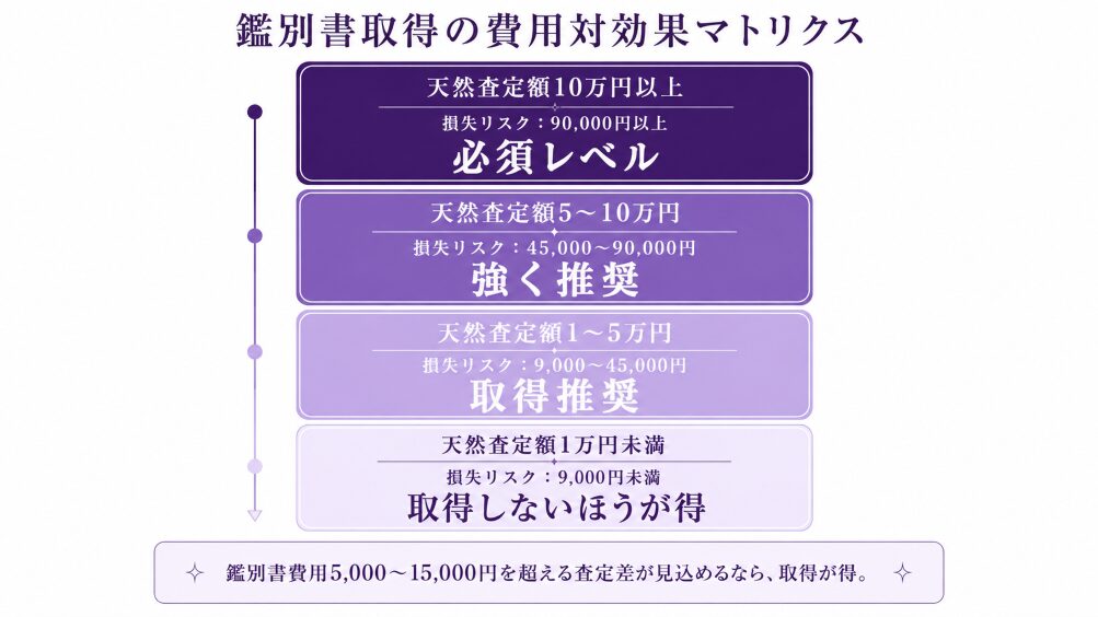 石の天然査定額レンジ別(1万円未満〜10万円以上)の鑑別書取得判断マトリクス。費用5,000〜15,000円に対する損失リスクと取得推奨度を視覚化。