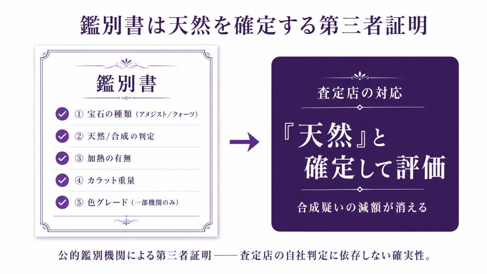 鑑別書の役割と記載項目(宝石種類・天然/合成判定・加熱の有無・カラット重量・色グレード)を示す構造図。第三者証明として査定店が天然と確定できる仕組みを視覚化。
