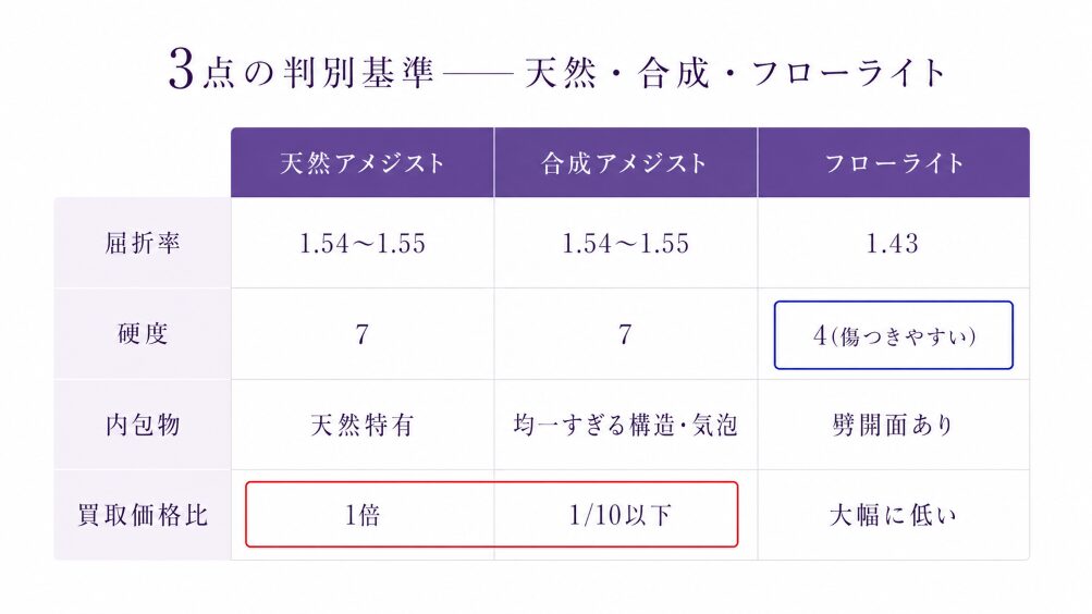 天然アメジスト・合成アメジスト・フローライトの屈折率・硬度・買取価格比を3列で比較した判別マトリクス。技術的判別基準を視覚化。