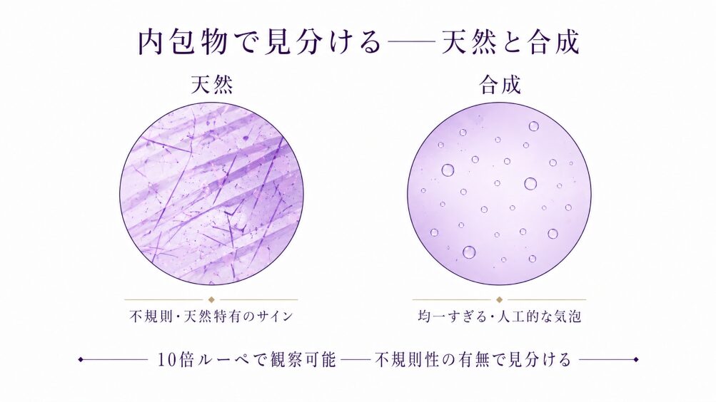 天然アメジストと合成アメジストの内包物の違いを示す比較画像。天然特有のインクルージョンと合成石の均一構造・気泡を視覚化。