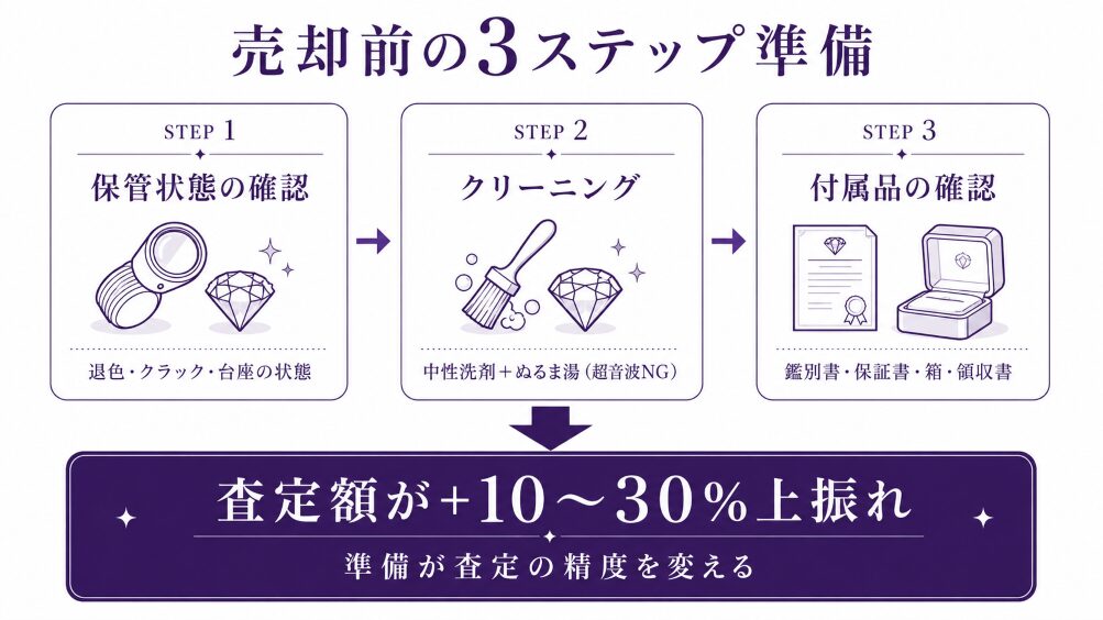 アメジスト売却前の3ステップ（保管状態確認・クリーニング・付属品整理）を示すフローチャート。査定額を+10〜30%上振れさせる準備手順を視覚化。