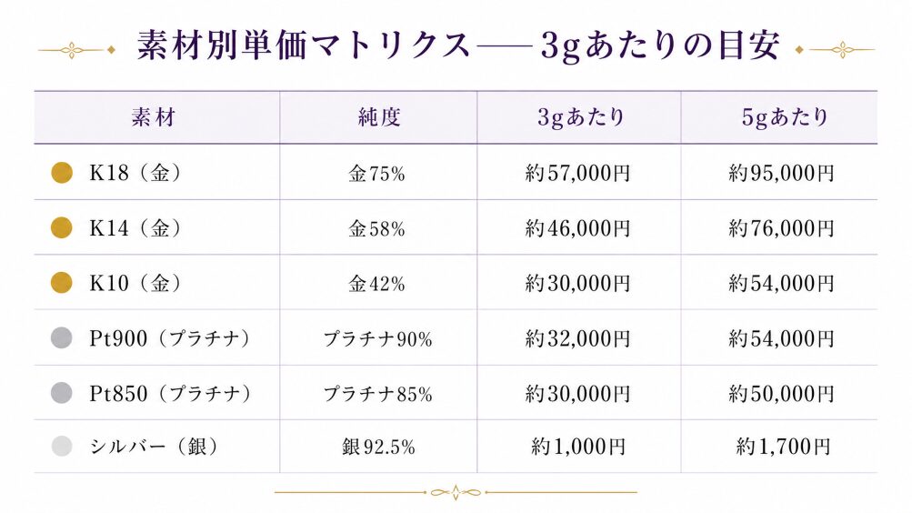 K18・K10・Pt900・シルバーの素材別単価を3gあたりで比較したマトリクス画像。各素材の純度と買取価格目安を視覚化。