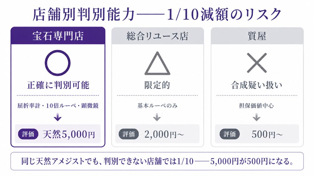 店舗タイプ別(宝石専門店・総合リユース店・質屋)の合成判別能力と必要設備を比較した図。判別設備不足の店舗では天然でも合成扱いとなり1/10減額が起きる構造を視覚化。