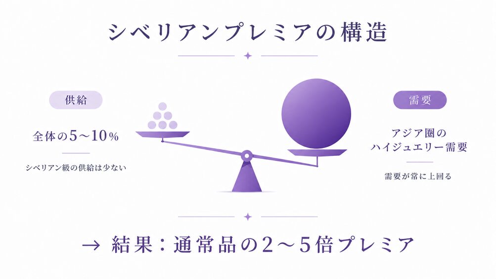 シベリアンカラーが通常品の2〜5倍評価される理由を示す構造図。流通量の少なさと国際市場の需要集中を可視化。