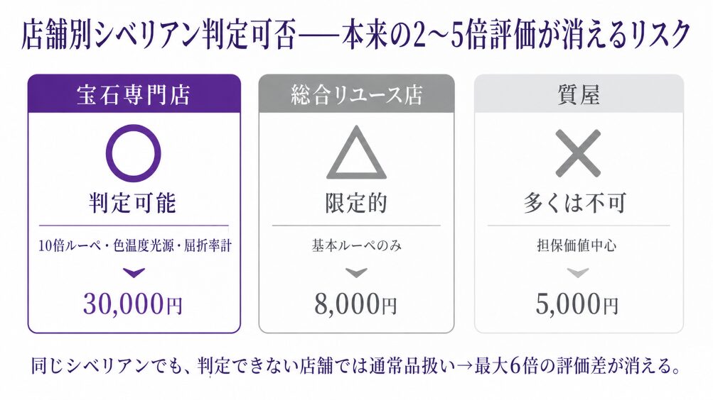 店舗タイプ別(宝石専門店・総合リユース店・質屋)のシベリアン判定可否を示す比較図。判定設備不足の店舗ではシベリアンでも通常品扱いとなり本来の2〜5倍評価が消える構造を視覚化。