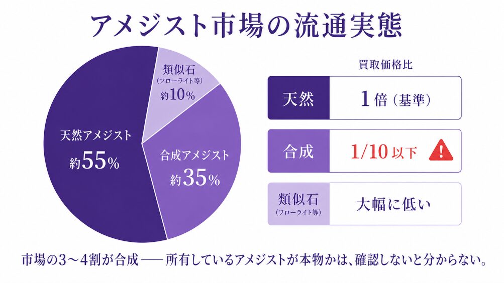 アメジスト市場の流通比率(天然50〜60%・合成30〜40%・類似石5〜10%)と買取価格比(1倍 vs 1/10以下)を示す市場構造図。所有しているアメジストが合成である可能性が低くないことを視覚化。
