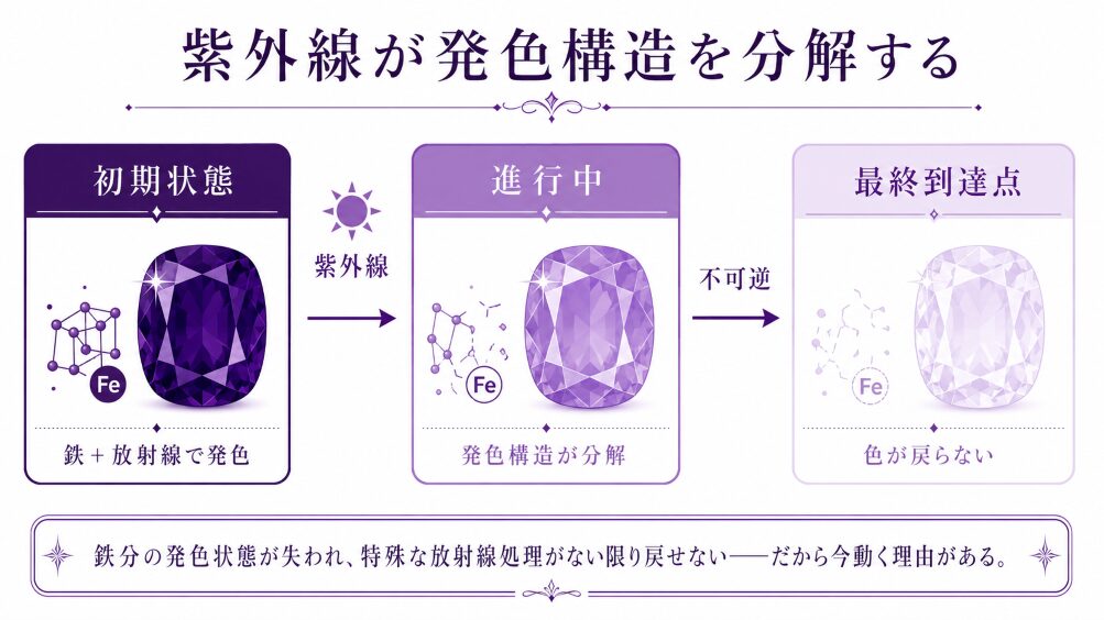 アメジストの紫外線退色メカニズム図解。鉄＋放射線で発色した紫色が紫外線で分解される過程と、一度抜けた色が戻らない構造を視覚化。