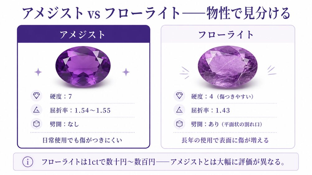 アメジストと何かの合体 合成アメジストと類似石の見分け方｜屈折率1.54と硬度7で1/10減額を