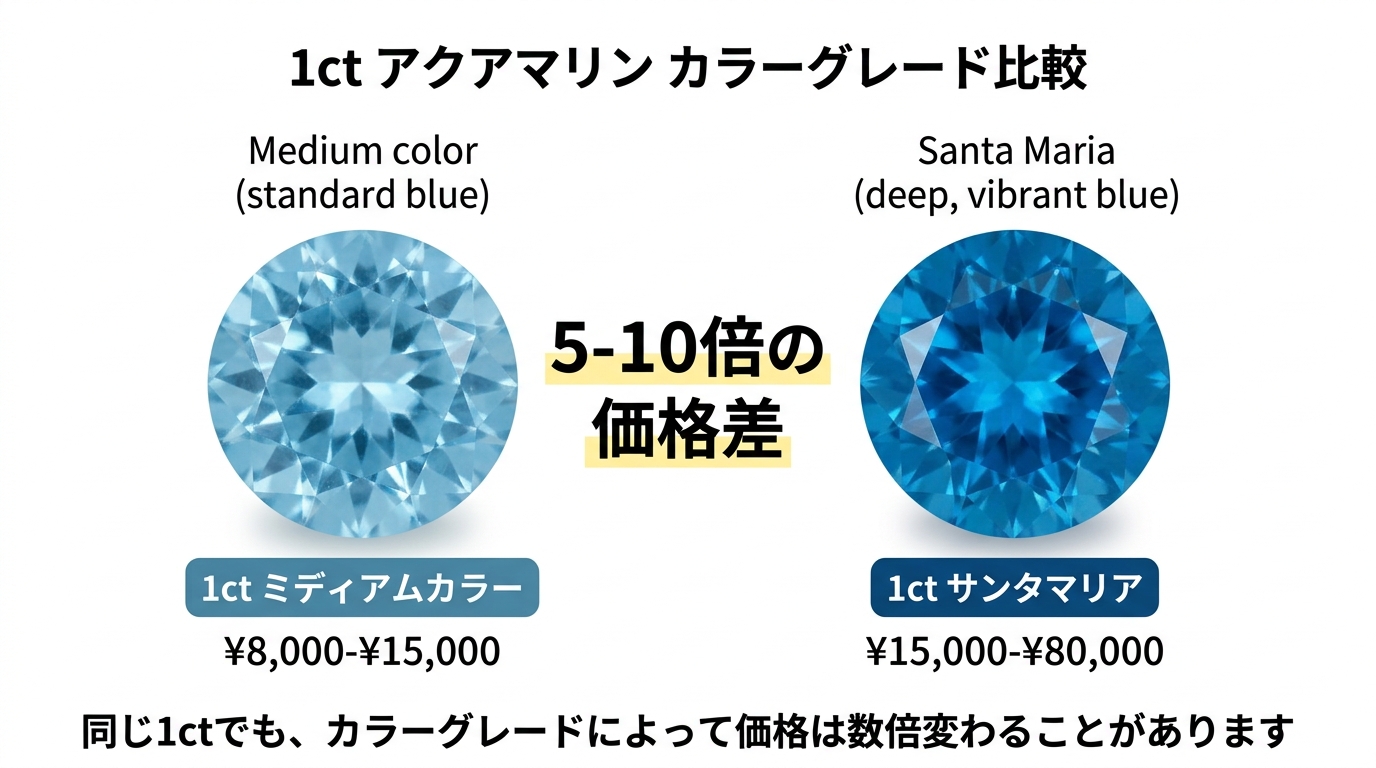 同じ1ctのアクアマリンで中色(8,000〜15,000円)とサンタマリア(15,000〜80,000円)の価格差5〜10倍を示すチャート。