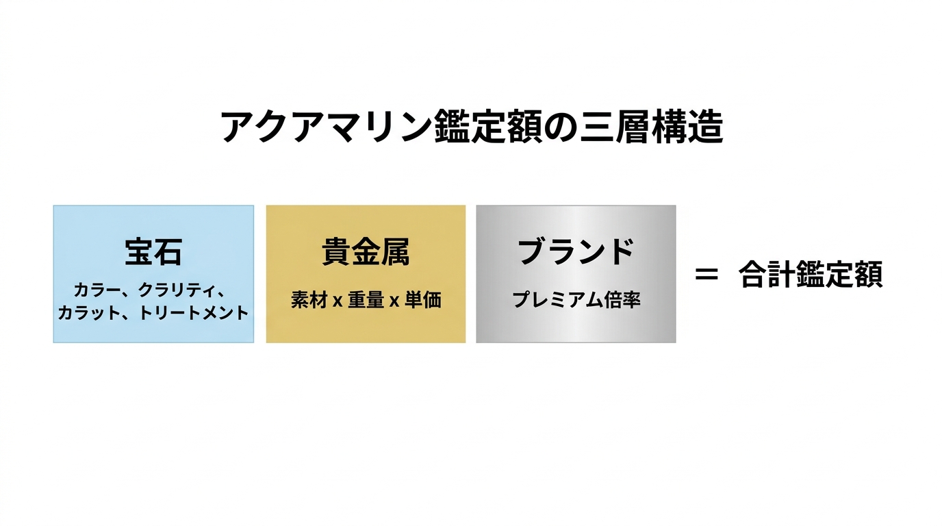 アクアマリンの査定額を構成する3層構造(宝石本体・貴金属・ブランド)が独立して合算されるしくみを示す構造図。