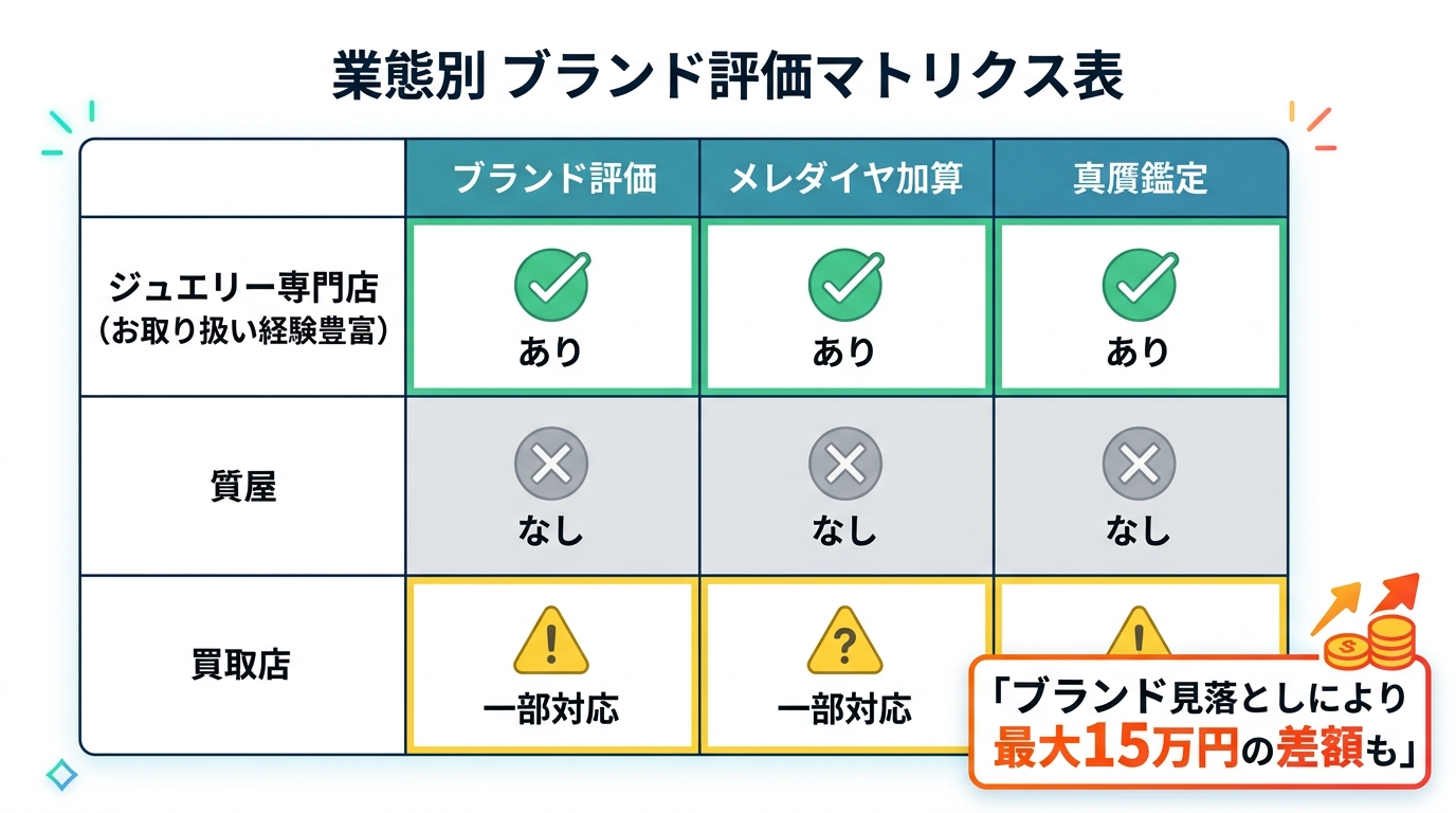 ブランド評価可否を業態別(宝石専門店・質屋・リサイクル店)に示すマトリクスと、ブランド見落としによる損失額の構造図。