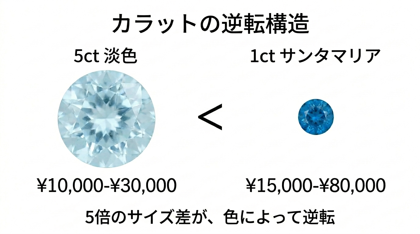 5ct淡色(10,000〜30,000円)と1ctサンタマリア(15,000〜80,000円)の価格逆転を示す対比チャート。