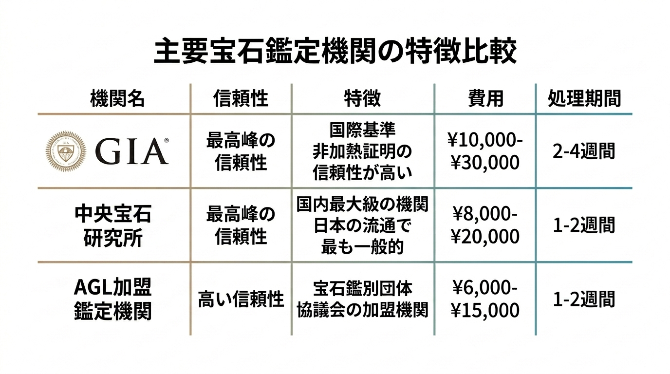 主要鑑別機関（GIA・中央宝石研究所・AGL加盟ラボ）の特徴と信頼度を比較した表。