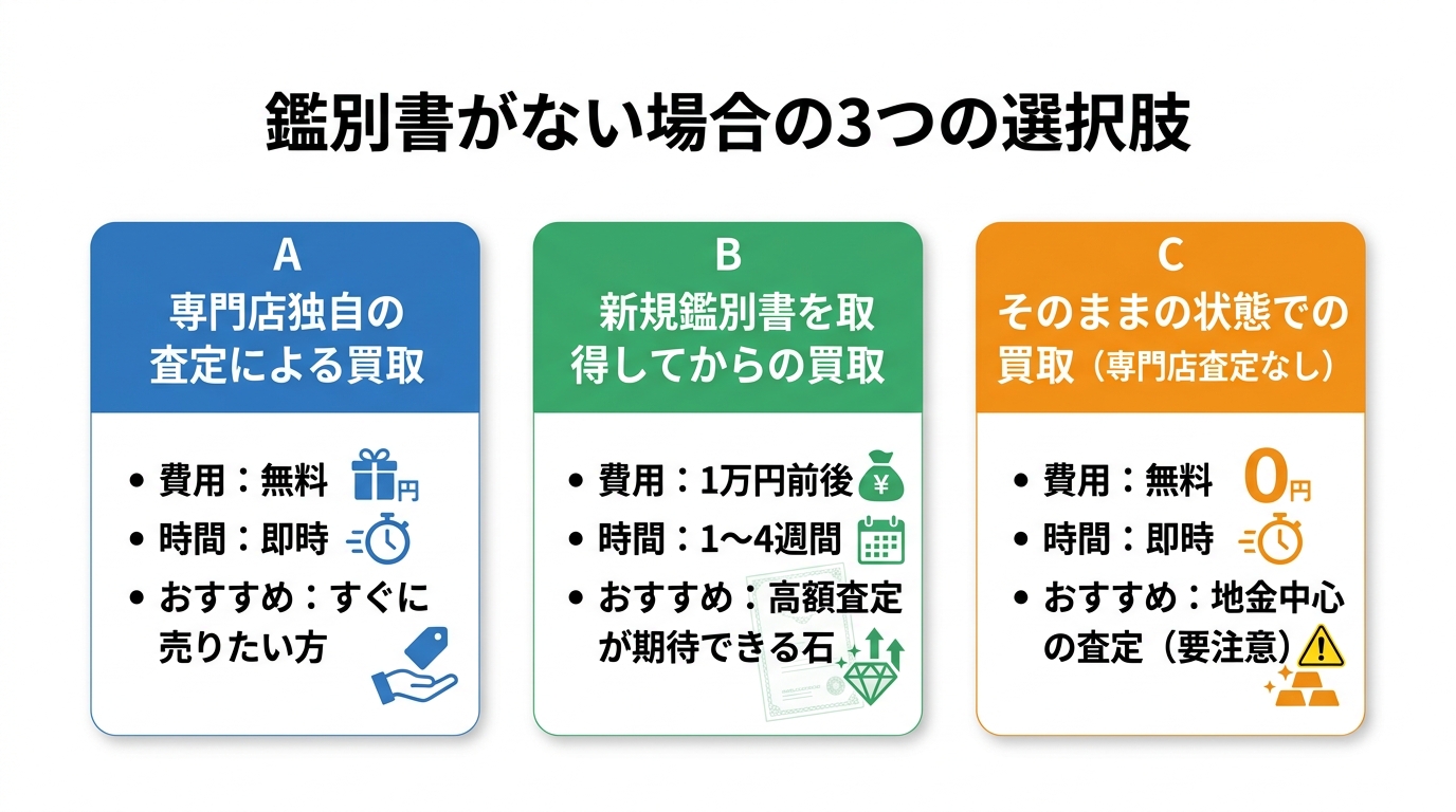 鑑別書を紛失したときの3つの選択肢（自社の判定で査定・再取得・そのまま査定）を示すフロー。