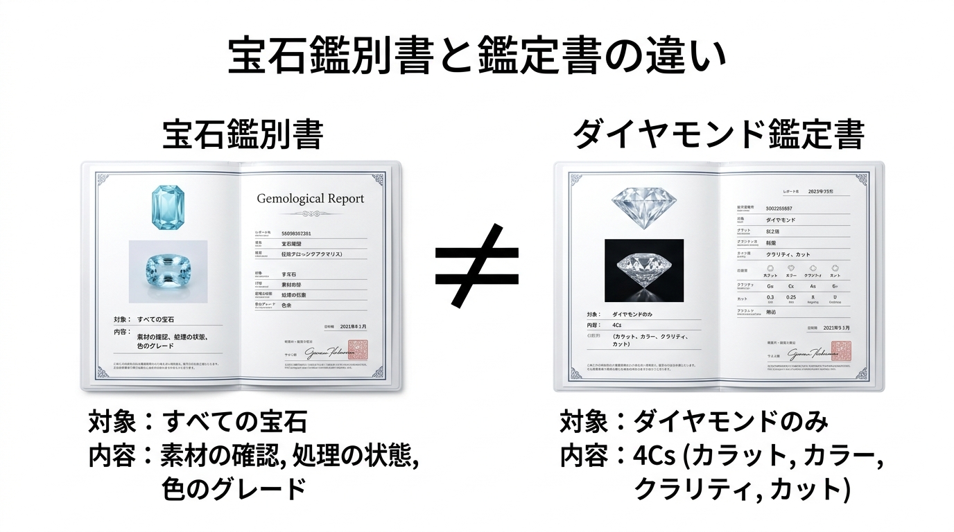 鑑別書と鑑定書の違いを示す比較表。鑑別書は宝石の素材を、鑑定書はダイヤモンドの4Cを示す書類であることを視覚化。