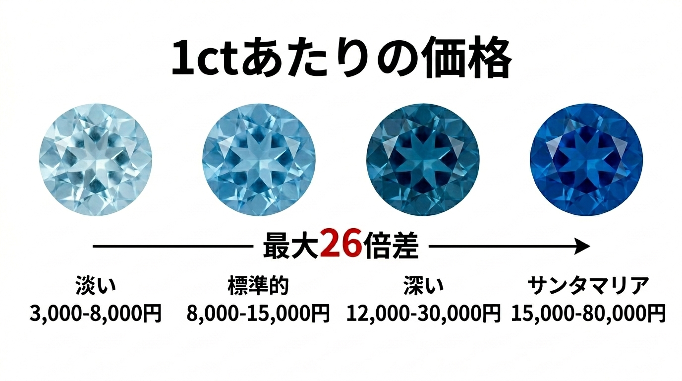 アクアマリンの4段階の色グレード(淡色・中色・濃色・サンタマリア)と各グレードの1ct価格レンジを並べた比較図。