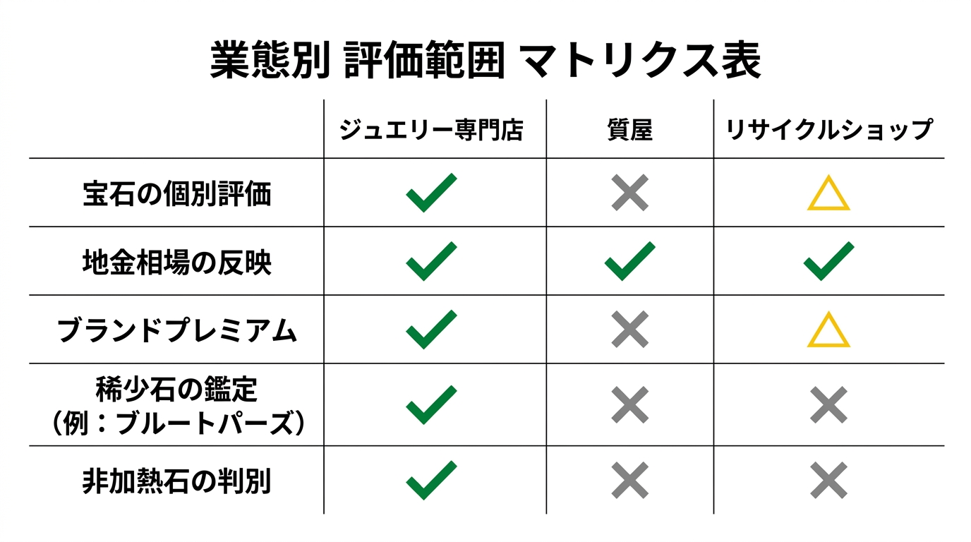 宝石専門店・質屋・リサイクル店の3業態が、宝石の個別評価・貴金属・ブランドプレミアム・希少石判別・非加熱判定の5項目をどう扱うかを示すマトリクス表。