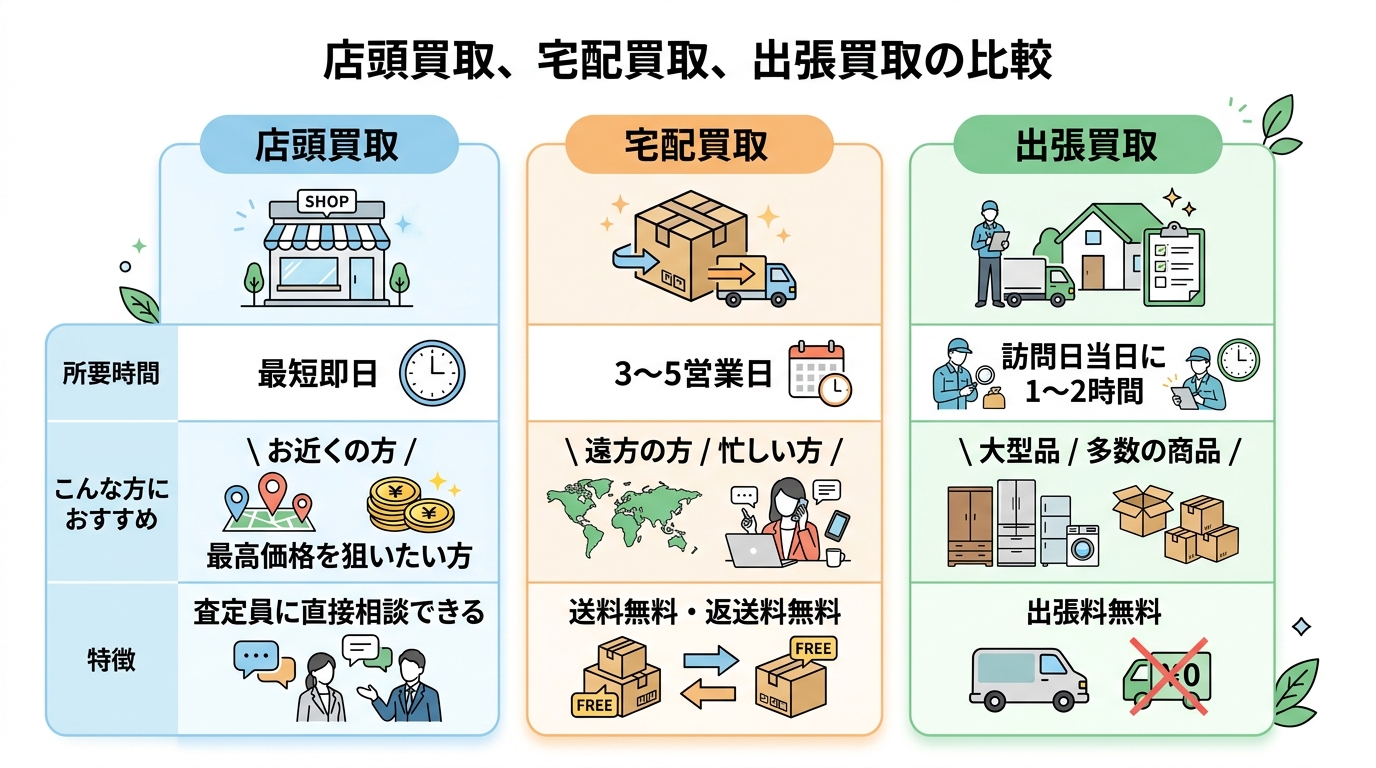 店頭・宅配・出張の3つの買取方法を所要時間・適している人・特徴で比較した表。