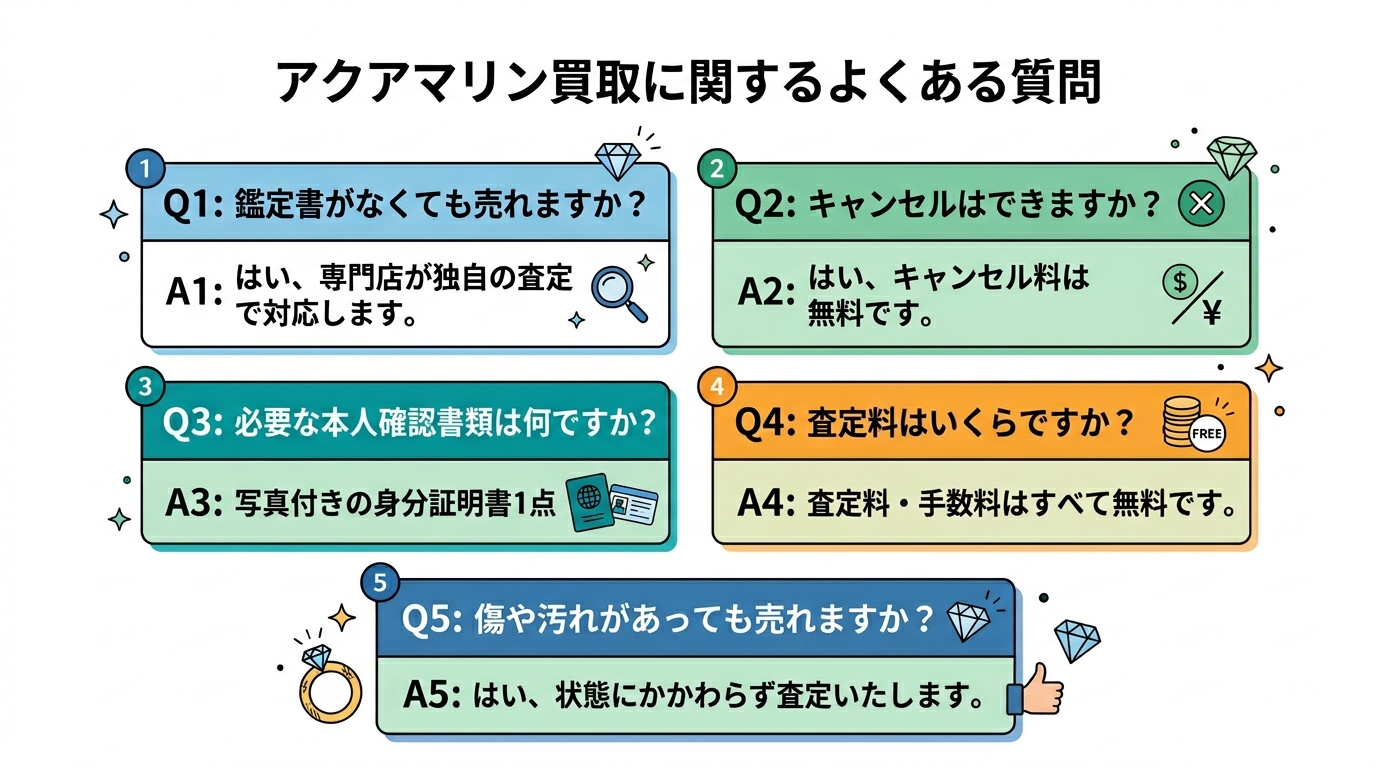 アクアマリン買取のよくある質問と回答（鑑別書・キャンセル・本人確認書類・査定料）を示す図。